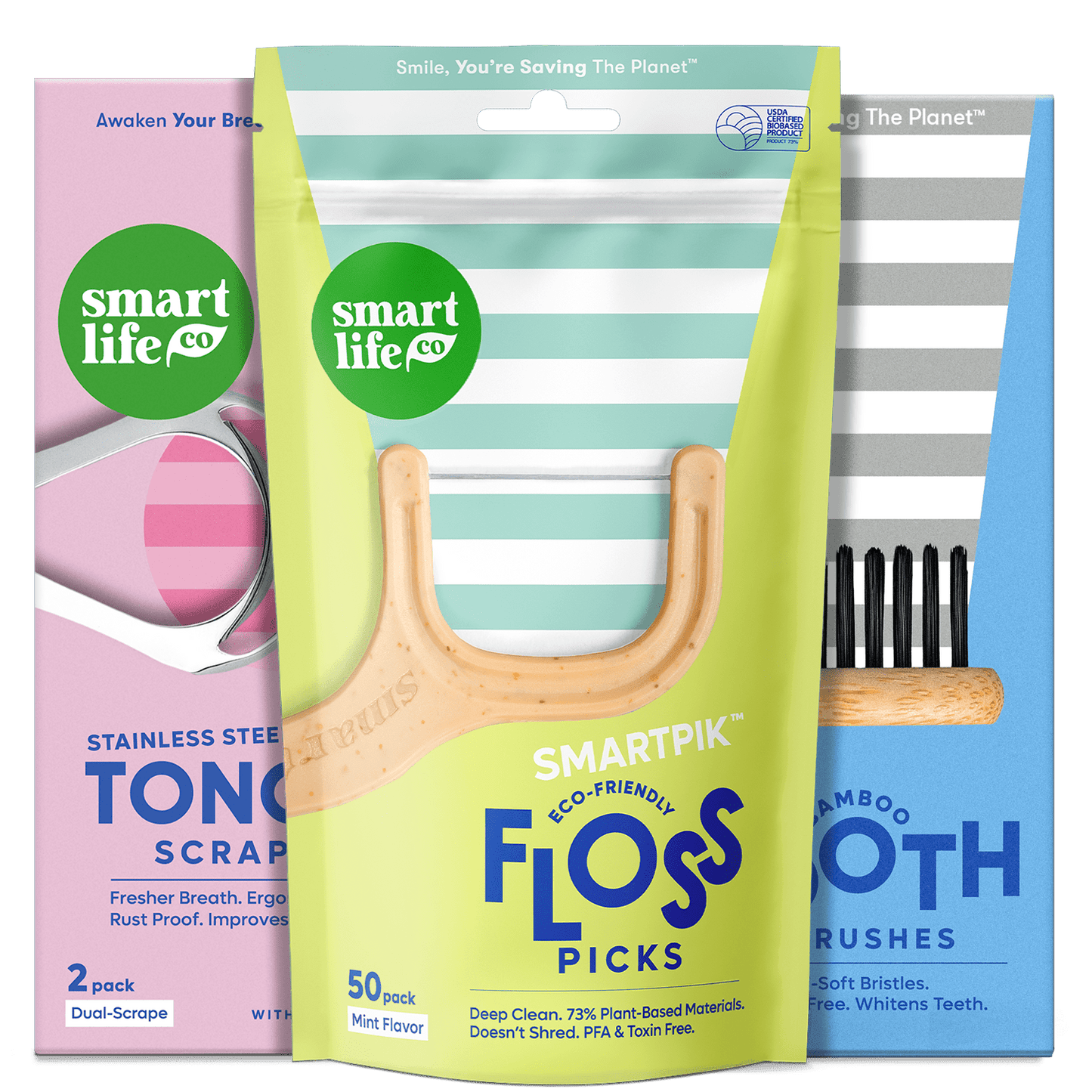 biodegradable floss picks, tongue scrapers, and charcoal bamboo toothbrushes
