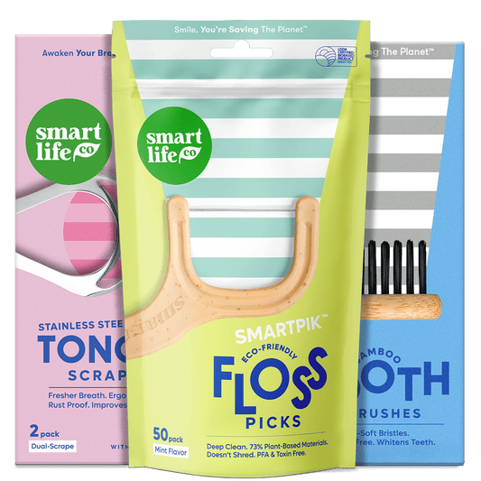 biodegradable floss picks, tongue scrapers, and charcoal bamboo toothbrushes