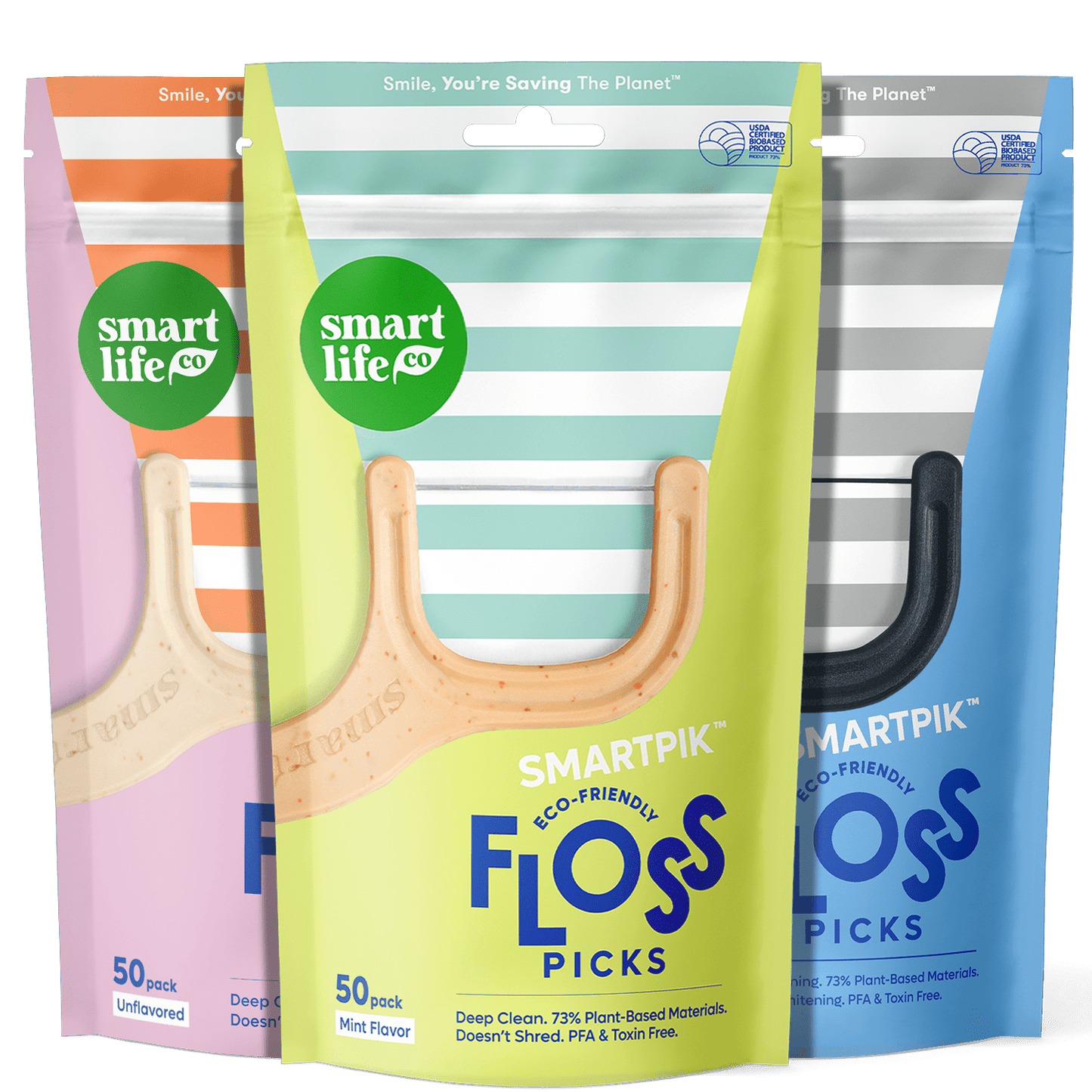 compostable floss picks with 3 flavors