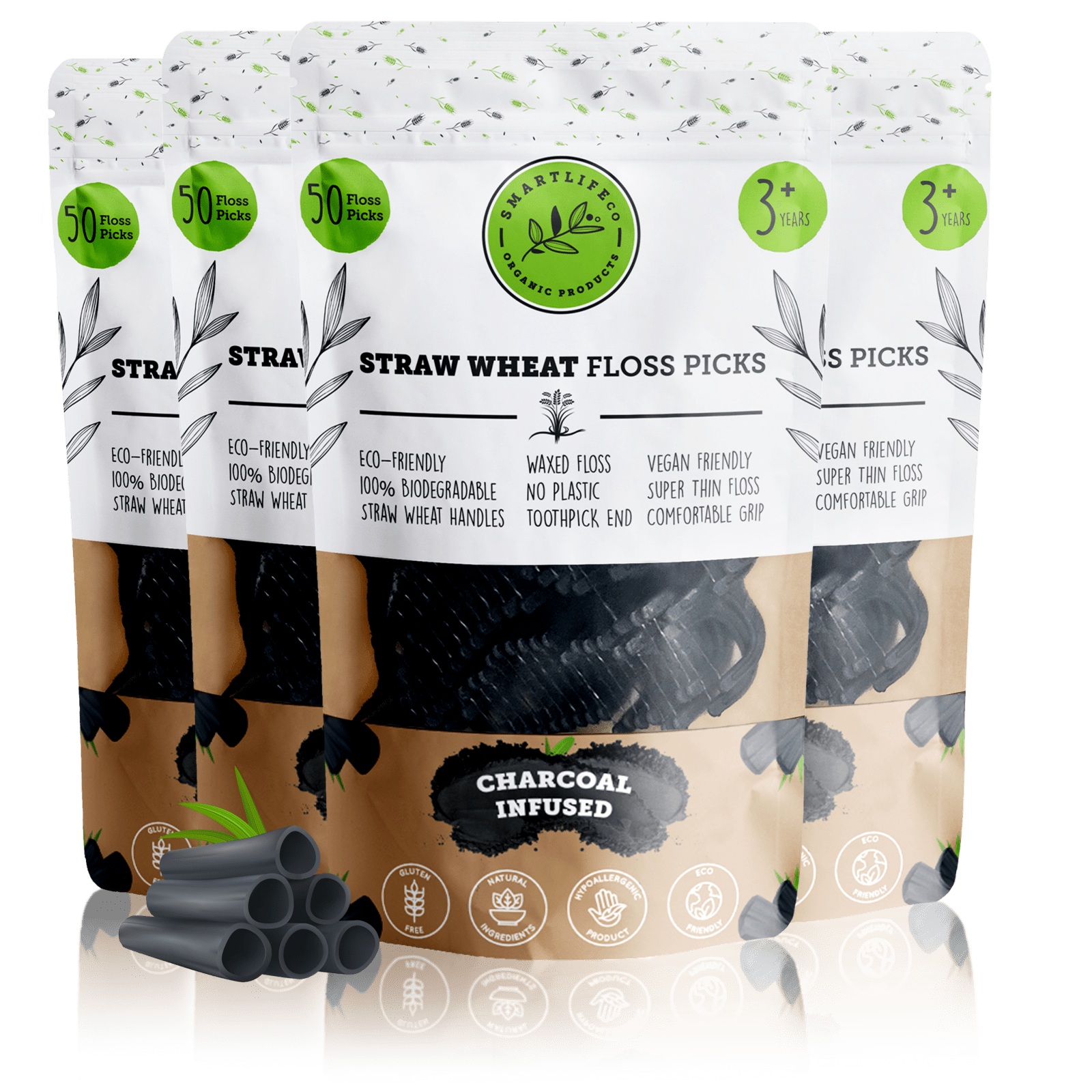 Biodegradable Dental Floss Picks (Charcoal) - SmartLifeco, var_pack_of_4